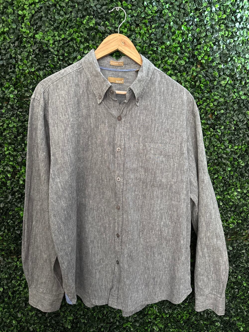 Bruno, Gray Washable Linen Button Down Long Sleeve , Size Large